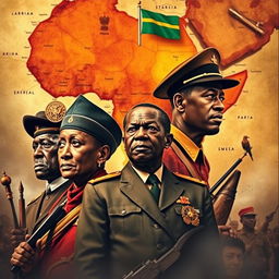 A striking representation of a historical African dictatorship, showcasing prominent political figures from the era, surrounded by symbols of power and oppression