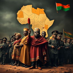 A striking representation of a historical African dictatorship, showcasing prominent political figures from the era, surrounded by symbols of power and oppression