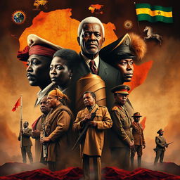 A striking representation of a historical African dictatorship, showcasing prominent political figures from the era, surrounded by symbols of power and oppression