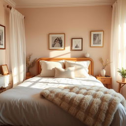 A scene depicting a thoughtful and serene atmosphere in a cozy bedroom with a soft, warm color palette