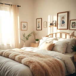 A scene depicting a thoughtful and serene atmosphere in a cozy bedroom with a soft, warm color palette