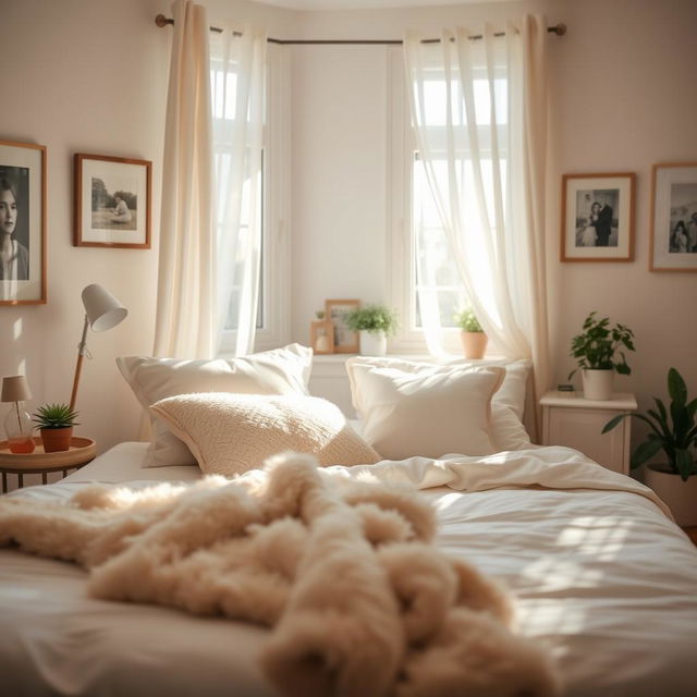 A scene depicting a thoughtful and serene atmosphere in a cozy bedroom with a soft, warm color palette