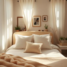 A scene depicting a thoughtful and serene atmosphere in a cozy bedroom with a soft, warm color palette