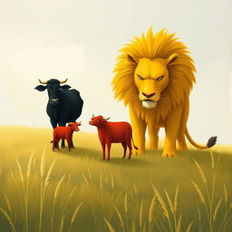 In a picturesque grassland scene, on the left side stands a black cow and a red cow positioned closely together, exuding a sense of teamwork and bravery