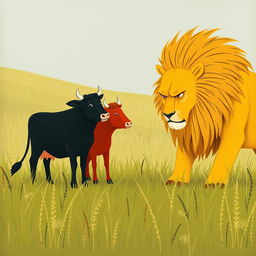 In a picturesque grassland scene, on the left side stands a black cow and a red cow positioned closely together, exuding a sense of teamwork and bravery