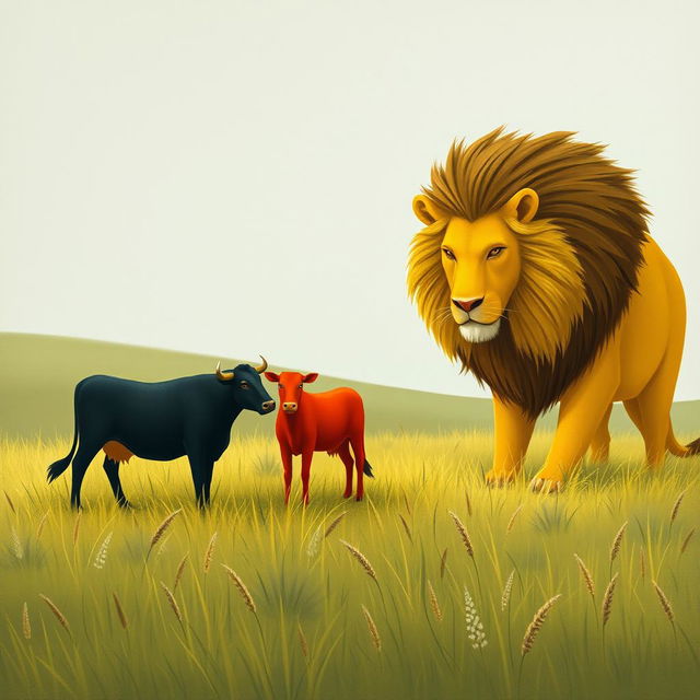 In a picturesque grassland scene, on the left side stands a black cow and a red cow positioned closely together, exuding a sense of teamwork and bravery