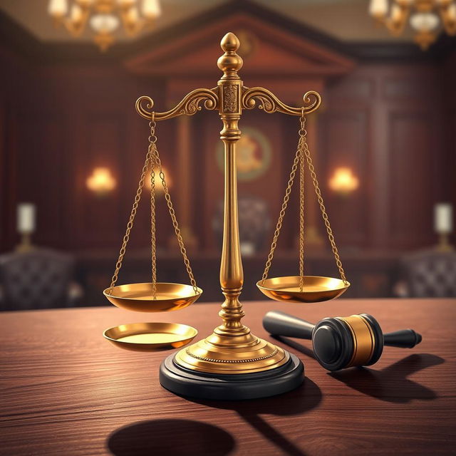 A detailed illustration of a legal balance scale representing justice, with brass and gold tones, positioned on a dark wooden surface