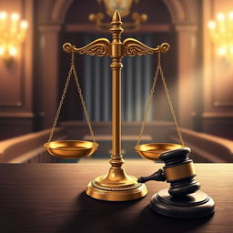 A detailed illustration of a legal balance scale representing justice, with brass and gold tones, positioned on a dark wooden surface