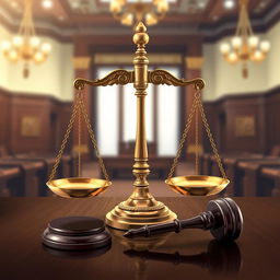 A detailed illustration of a legal balance scale representing justice, with brass and gold tones, positioned on a dark wooden surface