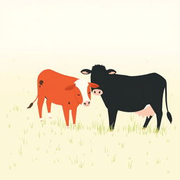 In a serene grassland setting, a black cow and a red cow are peacefully grazing side by side, enjoying the lush green pasture around them