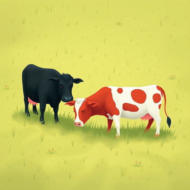 In a serene grassland setting, a black cow and a red cow are peacefully grazing side by side, enjoying the lush green pasture around them