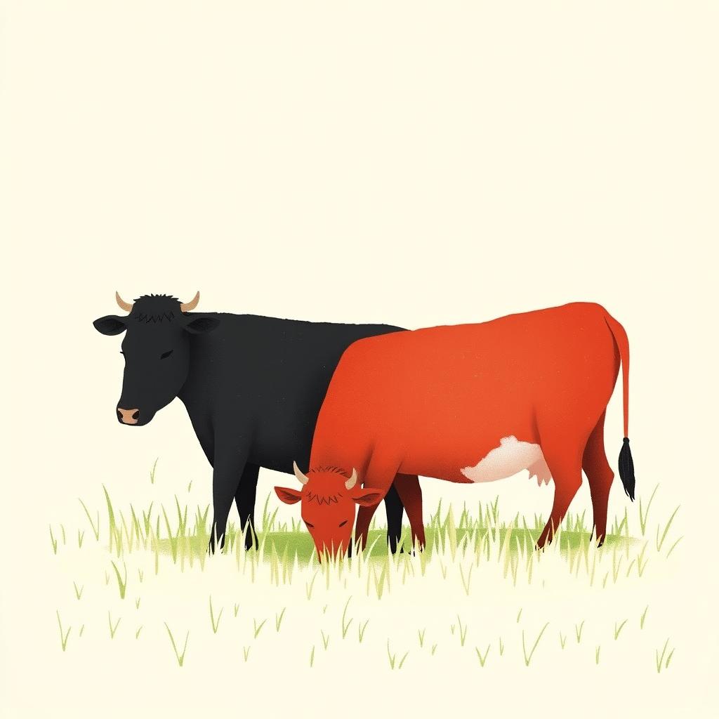 In a serene grassland setting, a black cow and a red cow are peacefully grazing side by side, enjoying the lush green pasture around them