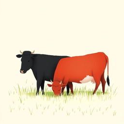 In a serene grassland setting, a black cow and a red cow are peacefully grazing side by side, enjoying the lush green pasture around them