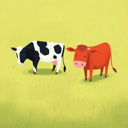 In a serene grassland setting, a black cow and a red cow are peacefully grazing side by side, enjoying the lush green pasture around them
