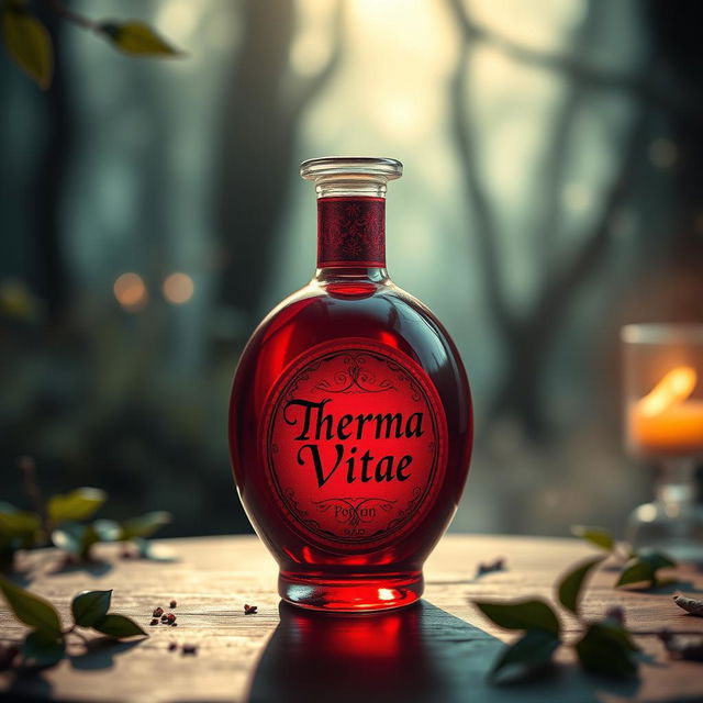 A round, vibrant red potion bottle with a beautifully designed label that reads 'Therma Vitae' in elegant lettering