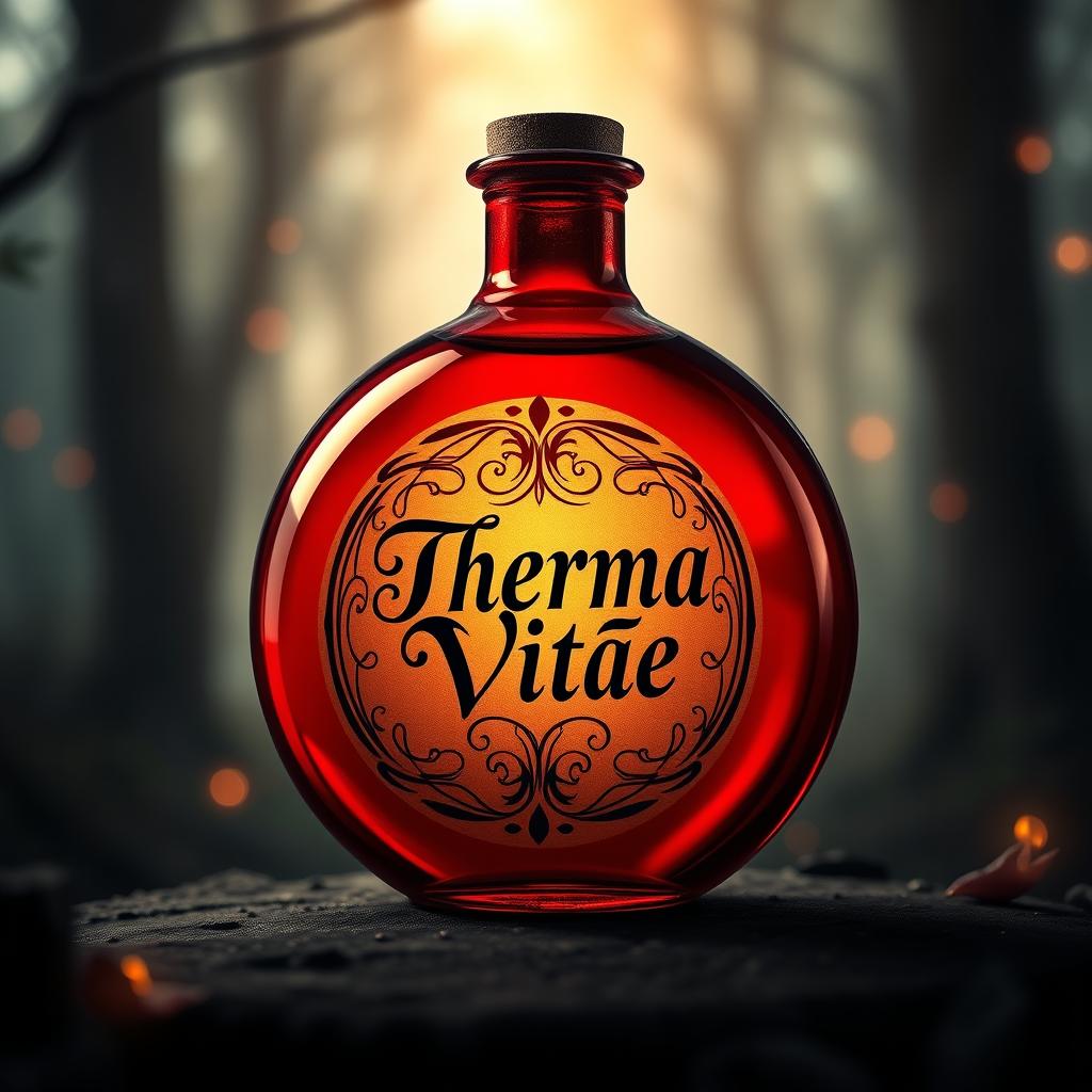 A round, vibrant red potion bottle with a beautifully designed label that reads 'Therma Vitae' in elegant lettering