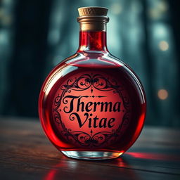 A round, vibrant red potion bottle with a beautifully designed label that reads 'Therma Vitae' in elegant lettering