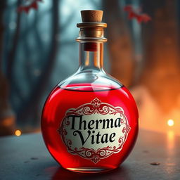 A round, vibrant red potion bottle with a beautifully designed label that reads 'Therma Vitae' in elegant lettering