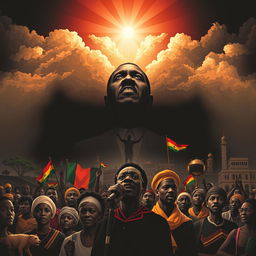 An artistic representation of the themes of dictatorship in Africa, highlighting the struggles and resilience of the people