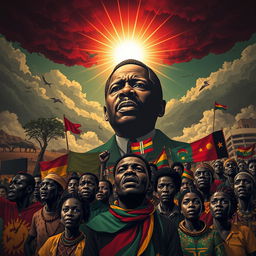 An artistic representation of the themes of dictatorship in Africa, highlighting the struggles and resilience of the people