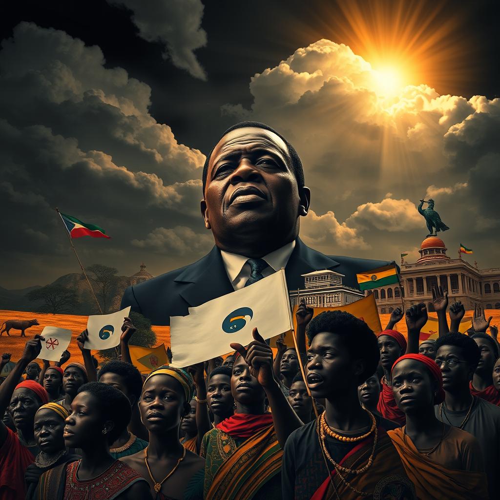 An artistic representation of the themes of dictatorship in Africa, highlighting the struggles and resilience of the people