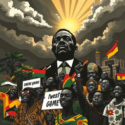 An artistic representation of the themes of dictatorship in Africa, highlighting the struggles and resilience of the people