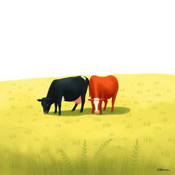 In a tranquil grassland scene, a black cow and a red cow are peacefully grazing side by side, enjoying the lush green grass beneath the wide open sky