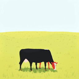 In a tranquil grassland scene, a black cow and a red cow are peacefully grazing side by side, enjoying the lush green grass beneath the wide open sky