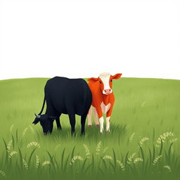 In a tranquil grassland scene, a black cow and a red cow are peacefully grazing side by side, enjoying the lush green grass beneath the wide open sky