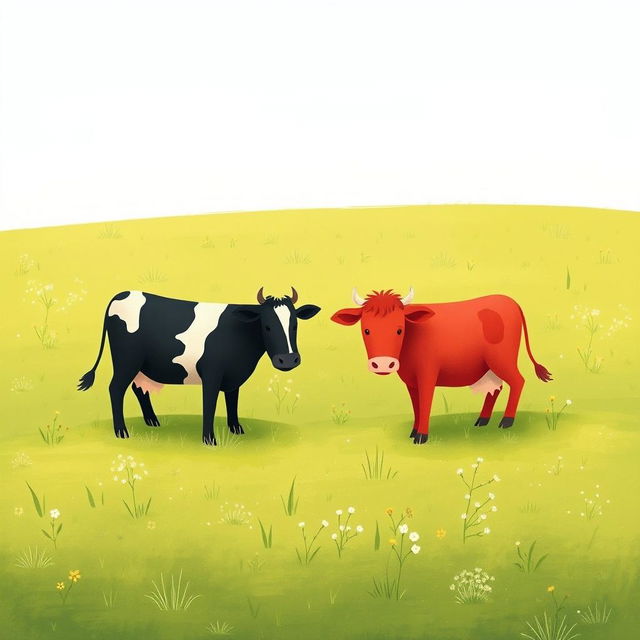 In a tranquil grassland scene, a black cow and a red cow are peacefully grazing side by side, enjoying the lush green grass beneath the wide open sky