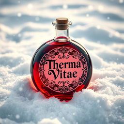 A round, vibrant red potion bottle with an intricately designed label that reads 'Therma Vitae' in elegant lettering, set against a snowy background
