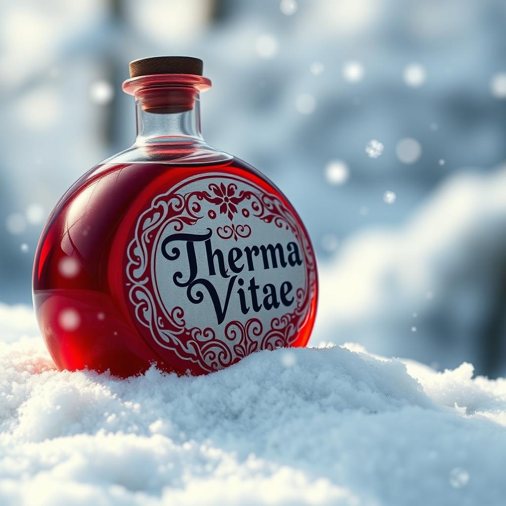 A round, vibrant red potion bottle with an intricately designed label that reads 'Therma Vitae' in elegant lettering, set against a snowy background