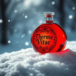 A round, vibrant red potion bottle with an intricately designed label that reads 'Therma Vitae' in elegant lettering, set against a snowy background