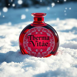 A round, vibrant red potion bottle with an intricately designed label that reads 'Therma Vitae' in elegant lettering, set against a snowy background