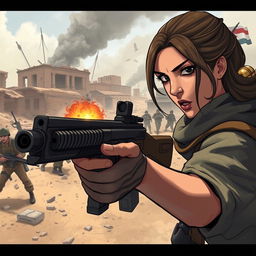 An intense illustration depicting a fierce game scene set in a war zone depicting the conflict between Israel and Gaza