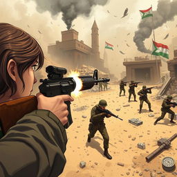 An intense illustration depicting a fierce game scene set in a war zone depicting the conflict between Israel and Gaza