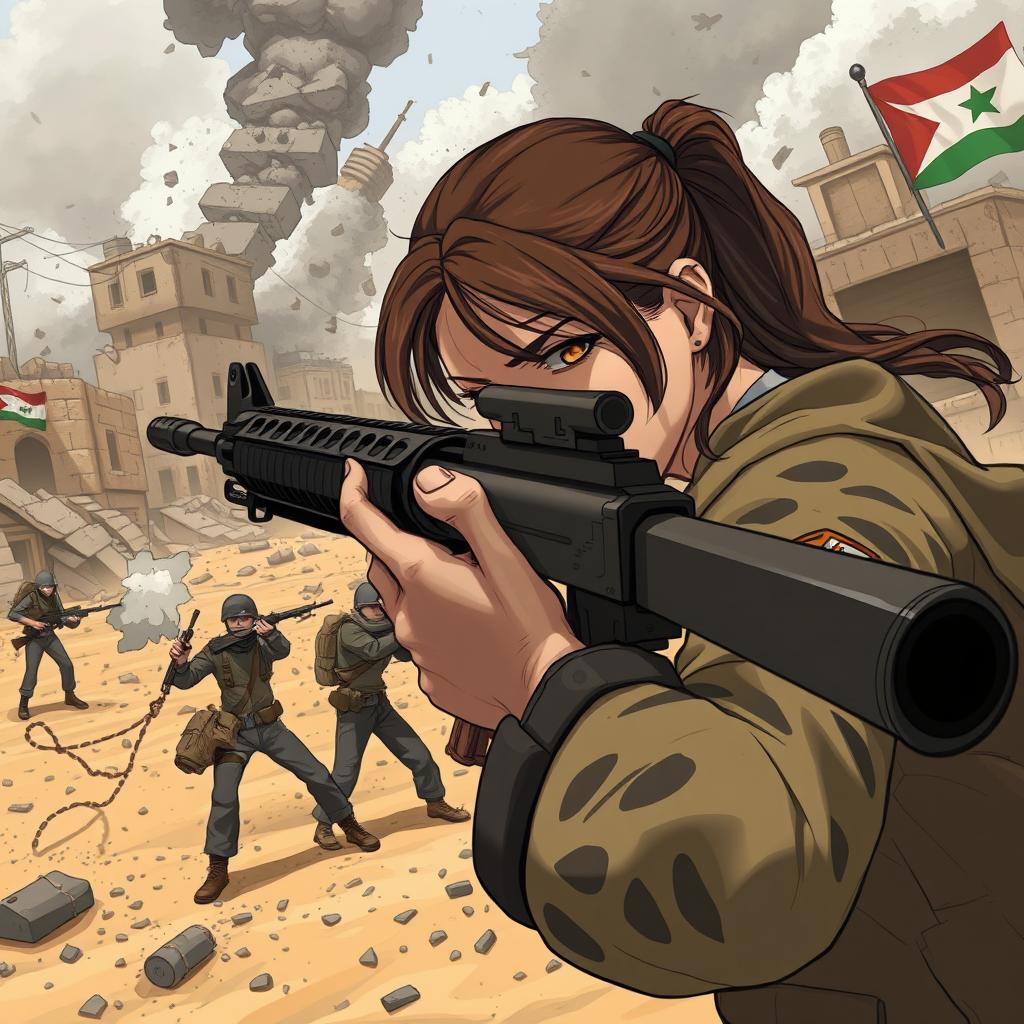 An intense illustration depicting a fierce game scene set in a war zone depicting the conflict between Israel and Gaza