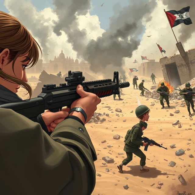 An intense illustration depicting a fierce game scene set in a war zone depicting the conflict between Israel and Gaza