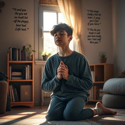 A serene scene of a young teenager, around 15 years old, kneeling in prayer