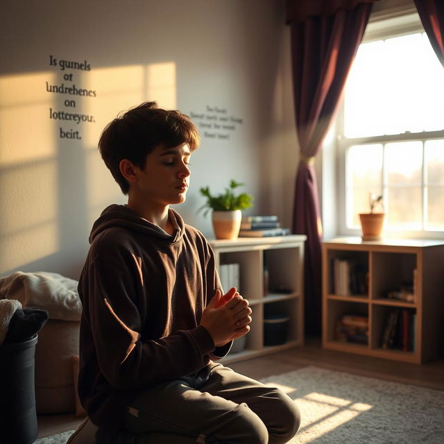 A serene scene of a young teenager, around 15 years old, kneeling in prayer