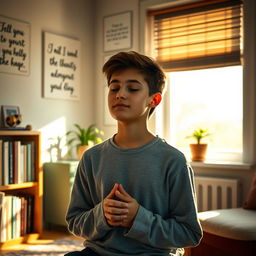 A serene scene of a young teenager, around 15 years old, kneeling in prayer