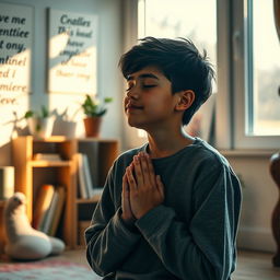 A serene scene of a young teenager, around 15 years old, kneeling in prayer
