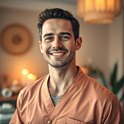 A realistic portrait of a male massage therapist, visible from the waist up
