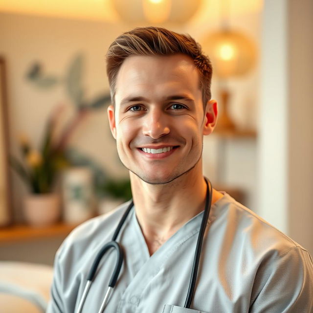 A realistic portrait of a male massage therapist, visible from the waist up