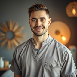 A realistic portrait of a male massage therapist, visible from the waist up