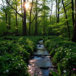 A breathtaking view of a tranquil forest at dawn, with soft sunlight filtering through the trees, casting gentle shadows on the ground