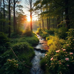 A breathtaking view of a tranquil forest at dawn, with soft sunlight filtering through the trees, casting gentle shadows on the ground