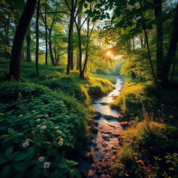 A breathtaking view of a tranquil forest at dawn, with soft sunlight filtering through the trees, casting gentle shadows on the ground