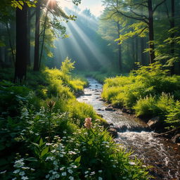 A breathtaking view of a tranquil forest at dawn, with soft sunlight filtering through the trees, casting gentle shadows on the ground