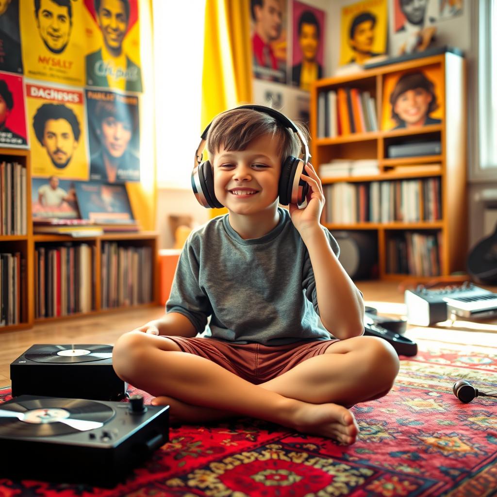 A young boy deeply immersed in listening to music, wearing oversized headphones, sitting cross-legged on a colorful rug